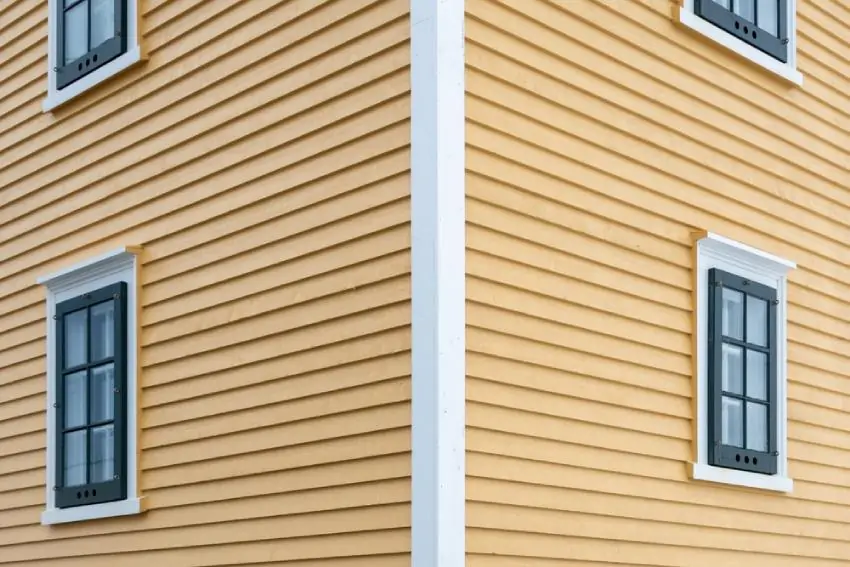 A house exterior with yellow horizontal siding.