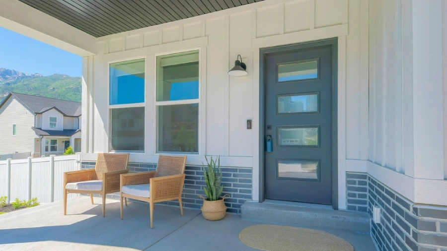 Exterior of a house porch with board and batten siding