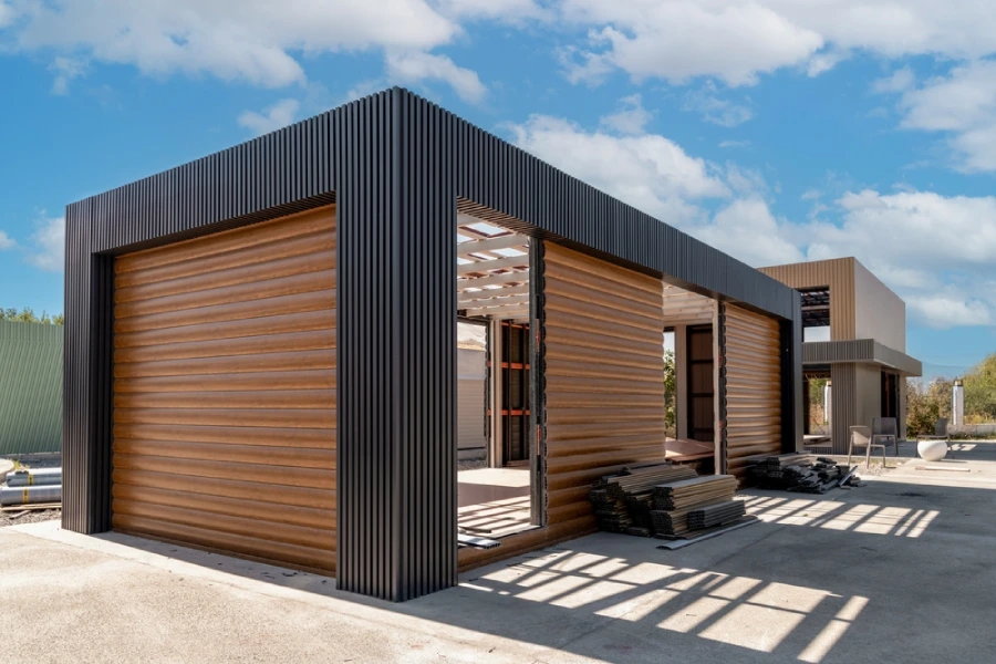 Modern home being constructed with steel siding