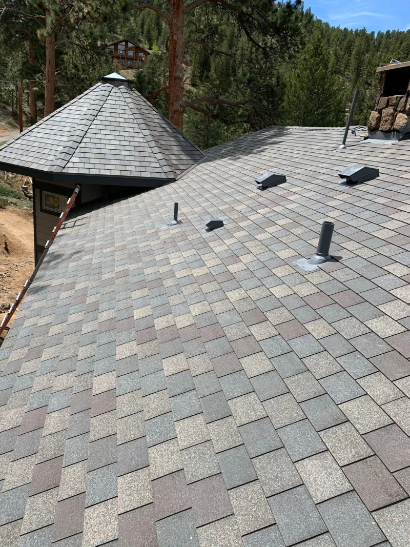 Close-up view of a newly installed asphalt shingle roof with varied gray and brown shingles, roof vents, and flashing around roof penetrations.